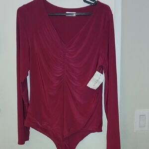 Ruched V-Neck Long Sleeve Bodysuit - Wine